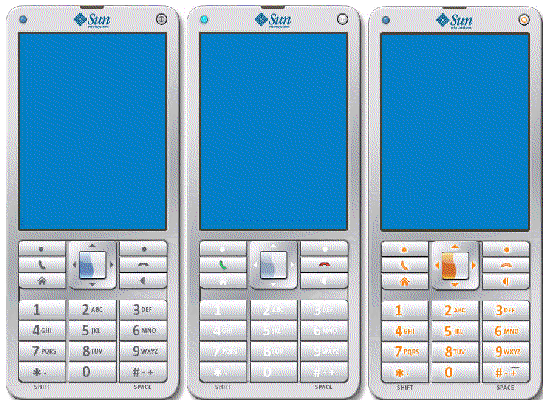 Left image: emulator no action. Center: center button selected. Right: center button pressed.