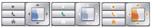 Left image: emulator no action. Center: center button selected. Right: center button pressed.