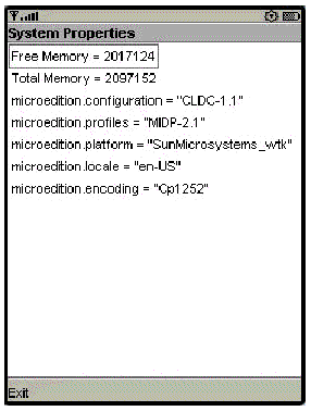Shows system properties including memory and microedition information