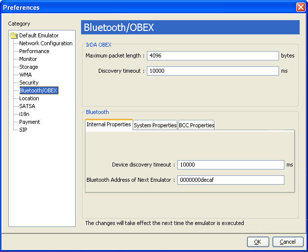 Bluetooth/OBEX preferences with Bluetooth Internal Properties tab selected