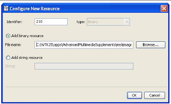 Configure New Resource window has fields for Identifier, and binary or string resource fields