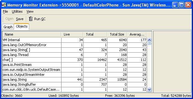 Memory monitor extension Objects tab