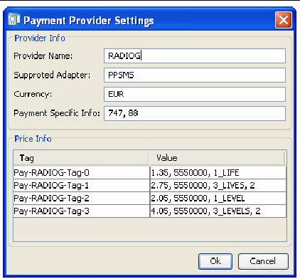 For each payment provider, info is name, supported adapter, currency, and payment specific info.