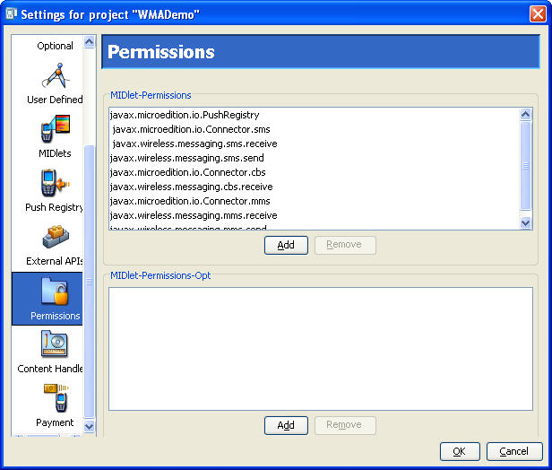Project settings for project "Tiny" with Permissions icon selected on left
