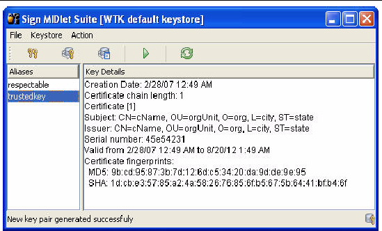 Sign MIDlet Suite window with localhost1 alias selected shows Java SE key details