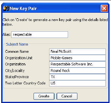 New Key Pair dialog prompts for an alias name, common name, organization unit, organization, City/Locality, State/Province and a two-letter country code