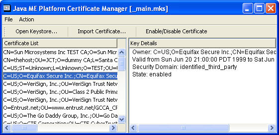 Java ME certificate manager displays certificate list on the left and Java ME key details on the right.