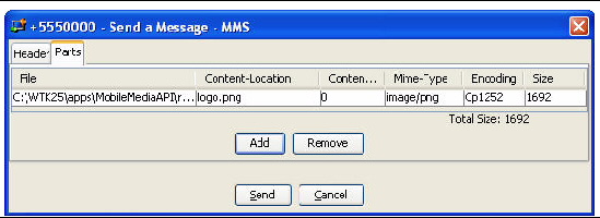 Send a Message - MMS window with Parts tab selected