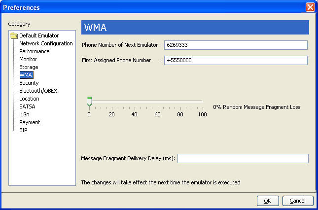 WMA preferences include Phone # of Next Emulator, First Assigned Phone #, % Random Message Fragment Loss, and Message Fragment Delivery Delay in ms.