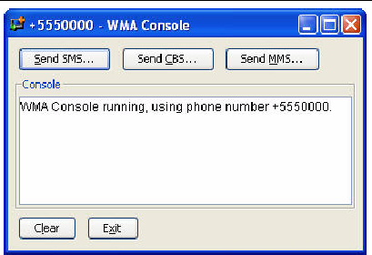 WMA Console has buttons for Send SMS, Send CBS, and Send MMS