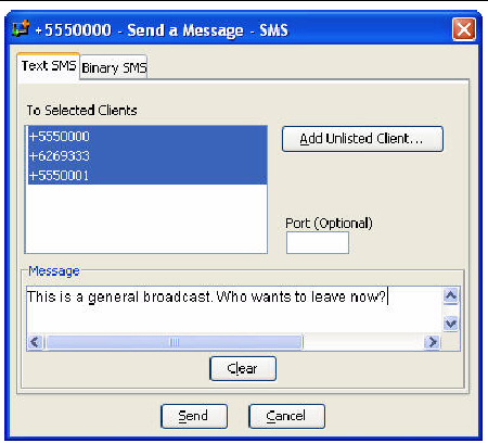 The Send SMS window has tabs for Text SMS and Binary SMS. Figure shows Text SMS selected