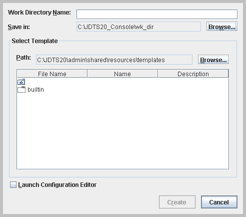 Dialog box for creating a work directory and selecting a template