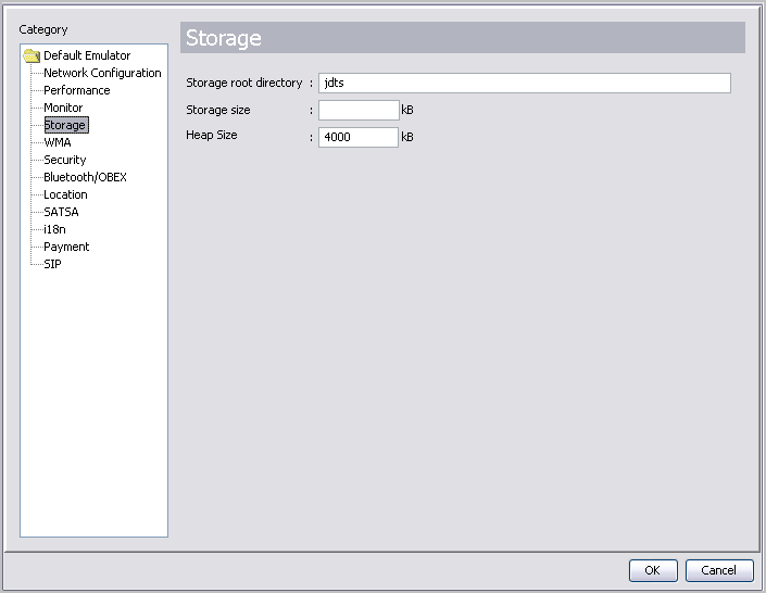 Storage tabbed pane in emulator Preferences dialog box