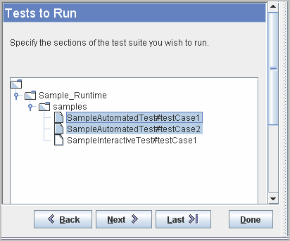 Sample automated tests selected in Tests to Run panel