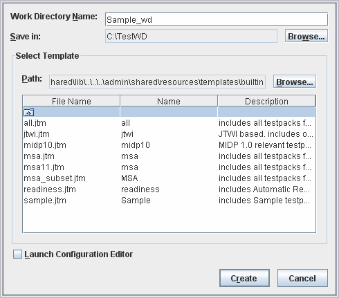 List of templates in Create Work Directory dialog box