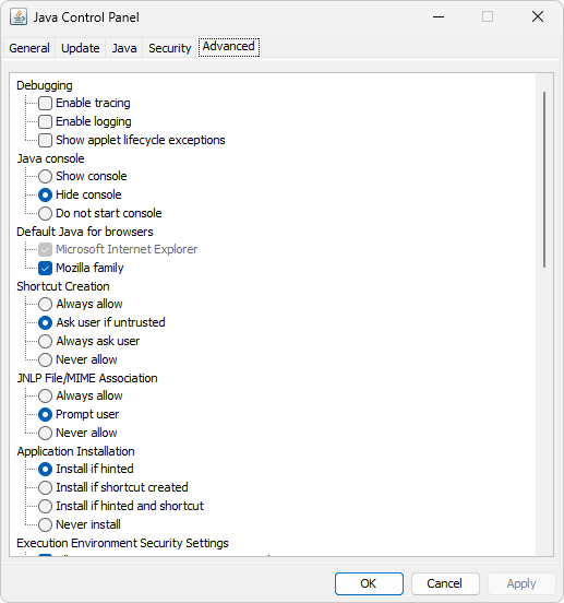 Java Control Panel