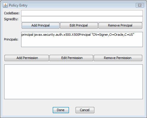 Policy Entry dialog showing the X500Principal