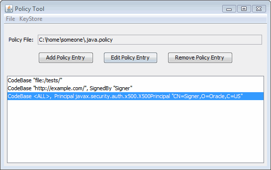 Policy Tool window showing three CodeBases, keystore, and policy file Name