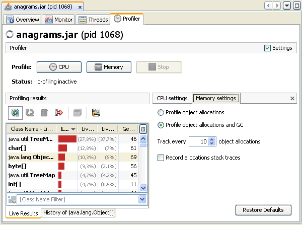 screenshot of Profiler tab showing memory profiling settings