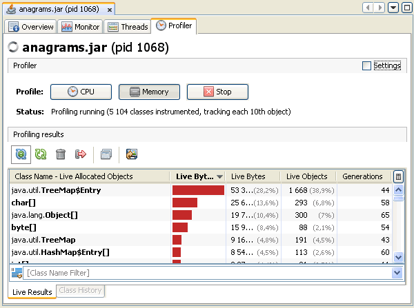 screenshot of Profiler tab showing memory profiling