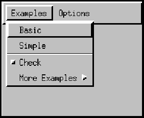 Basic、Simple、Check、およびMore Examplesという項目を含むExamplesというラベルの付いたメニュー。 Check項目はオフ状態のCheckBoxMenuItemインスタンス。 