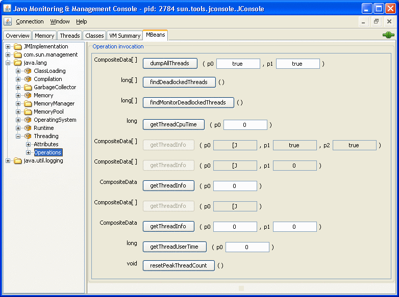 ThreadingプラットフォームMXBeanの操作の表示。