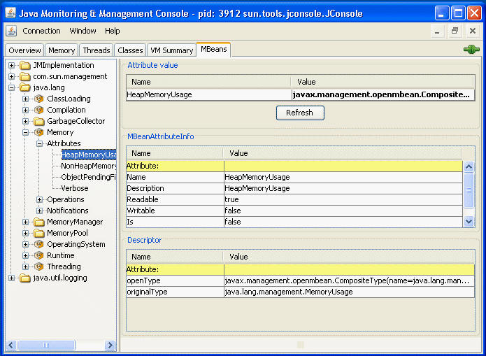 「MBean」タブによるMBean属性の表示。