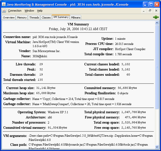 JConsoleの「VMの概要」タブ。