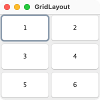 6つのボタンを2つずつの行に示す。 行1はボタン1と2を示す。 行2はボタン3と4を示す。 行3はボタン5と6を示す。 