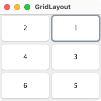 6つのボタンを2つずつの行に示す。 行1はボタン2と1を示す。 行2はボタン4と3を示す。 行3はボタン6と5を示す。 