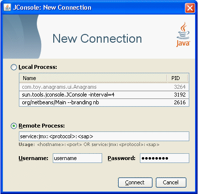 JMX サービス URL による JMX エージェントへの接続