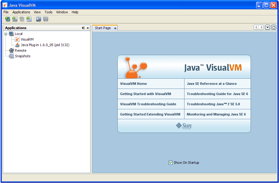スタート画面を含む VisualVM ウィンドウのスクリーンショット