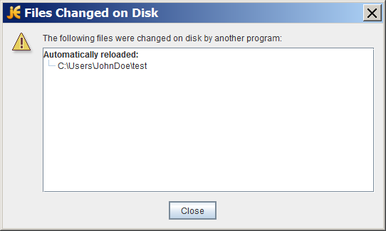 Sample jEdit Dialog stating: The following files were changed on disk by another program.