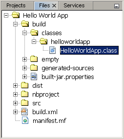 Files window, showing the generated .class file.