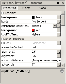 This figure represents myBean1 properties in the Property window