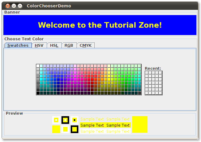 How To Use Color Choosers The Java Tutorials Creating A Gui With Jfc Swing Using Swing Components