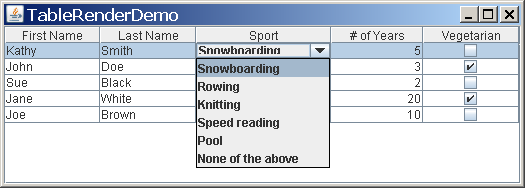 Using A Jcombobox In A Cell In A Jtable Component Jtable Renderer