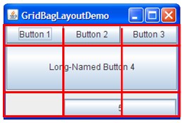 A snapshot of GridBagLayoutDemo with its grid