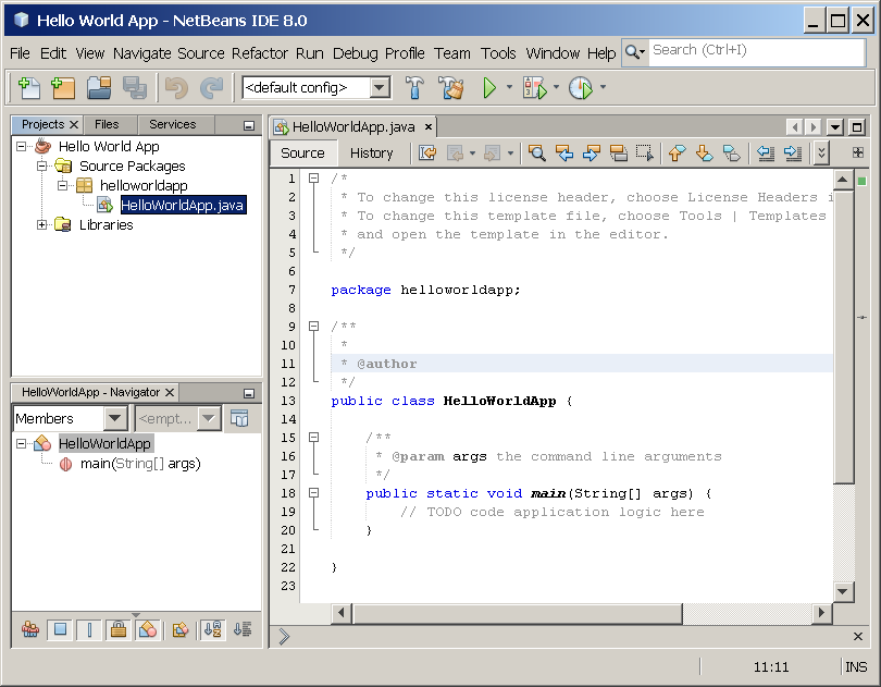 NetBeans IDE with the HelloWorldApp project open.