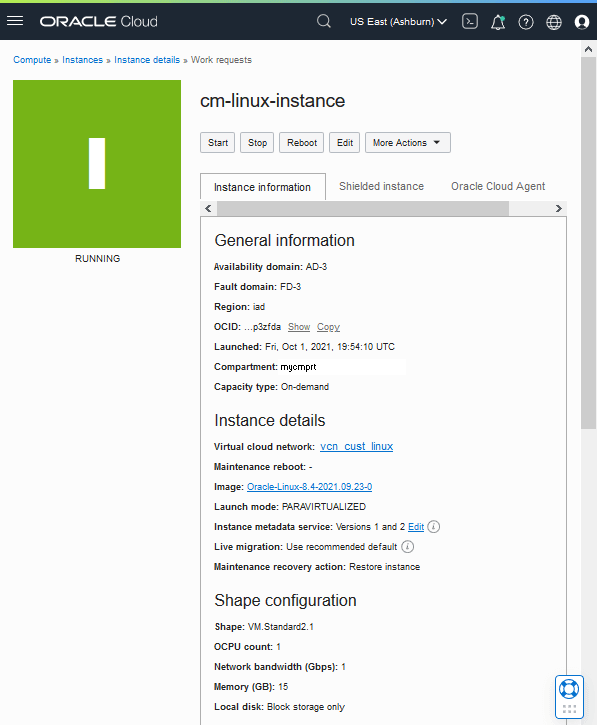 Instance Details 페이지, 위쪽 부분