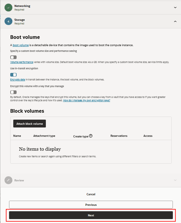 Create Compute Instance 페이지, Storage 섹션