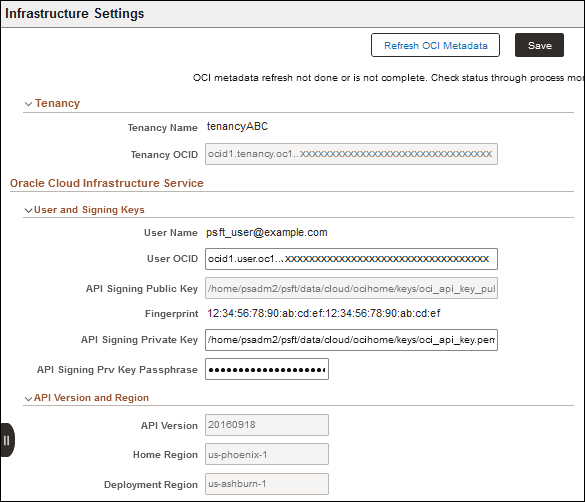 Infrastructure Settings 페이지의 최상위 부분