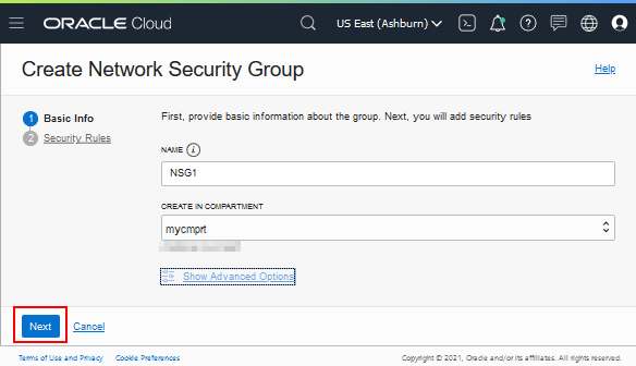 Create Network Security Group(네트워크 보안 그룹 만들기) 페이지
