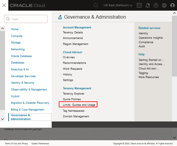 Oracle Cloud Infrastructure 메뉴에서 제한, 할당량 및 사용량 선택