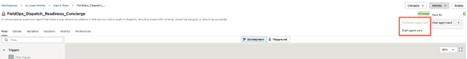 에이전트 플로우 시각적 빌더가 표시됩니다. 작업 메뉴 및 에이전트 카드 보기 하위 옵션이 선택되어 있습니다. 초안 에이전트 카드가 강조 표시됩니다.