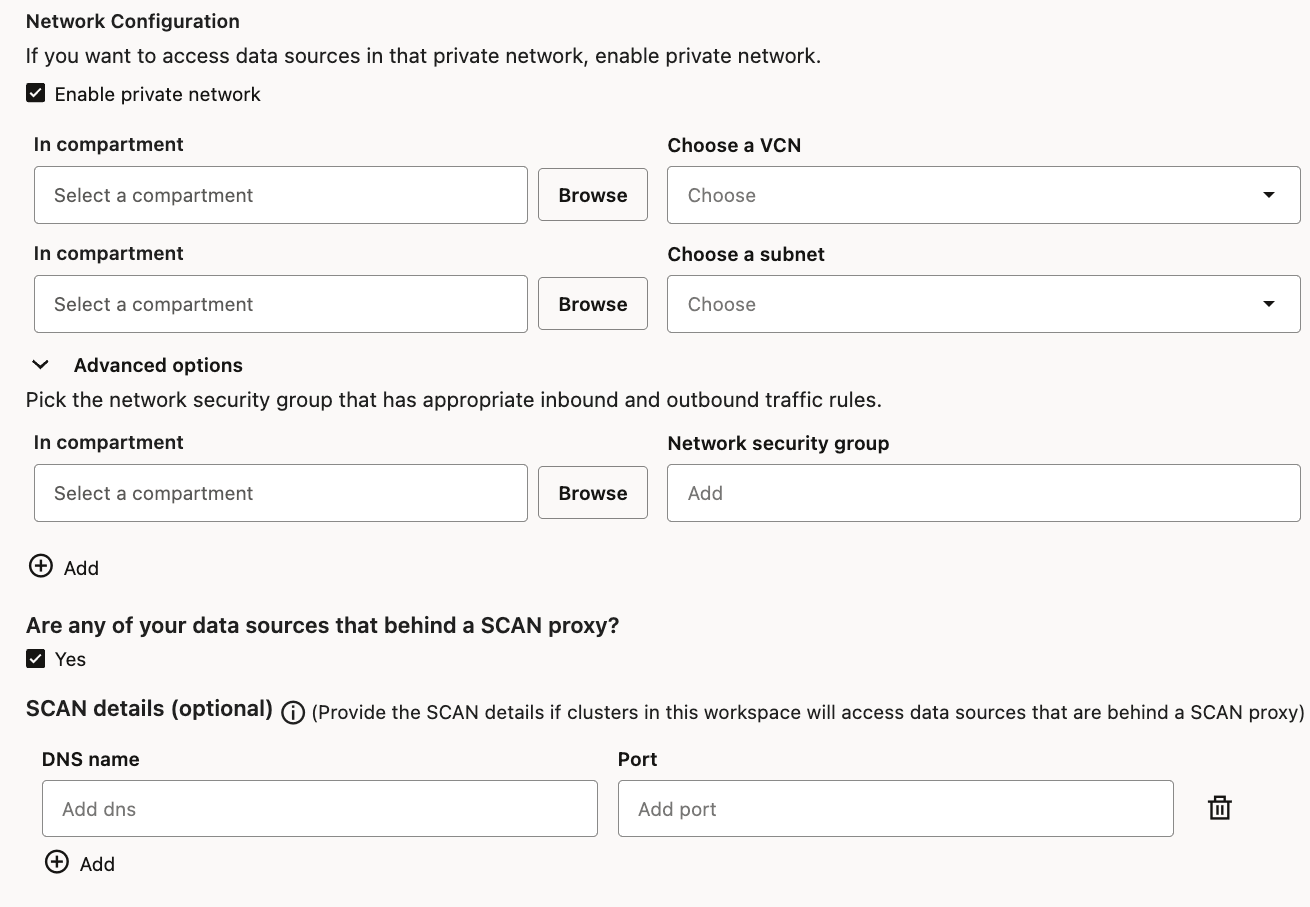 Enable private network and SCAN proxy가 선택된 상태로 Create workspace 페이지 열기