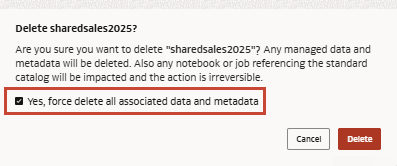 Delete schema 프롬프트가 Yes로 표시되고, force delete all associated data and metadata selected and highlighted