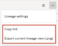 Lineage 3-Dot Actions 메뉴가 선택되어 있습니다. 복사 링크 및 현재 계보 내보내기 뷰가 강조 표시됩니다.
