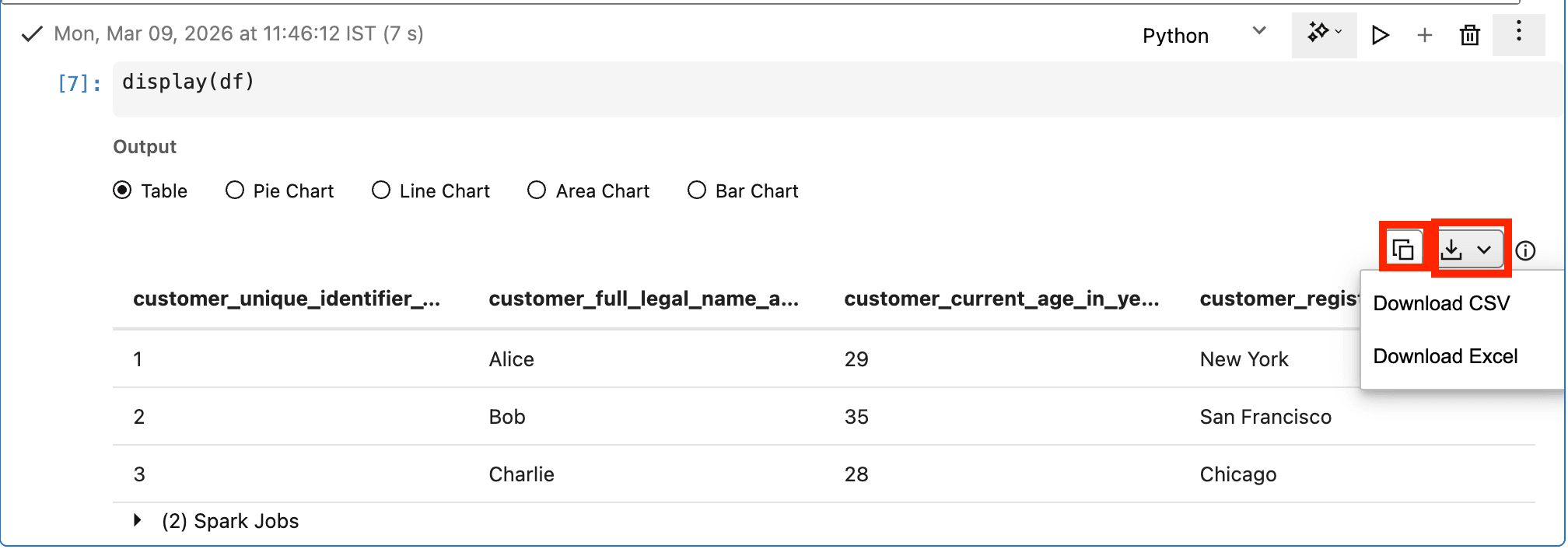 복사 및 다운로드 버튼이 강조 표시된 노트북의 출력 셀입니다. 다운로드 메뉴가 열리고 CSV 다운로드 및 Excel 다운로드 옵션이 표시됩니다.