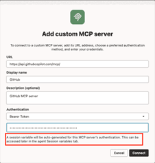 Add custom MCP server(사용자 정의 MCP 서버 추가) 대화 상자가 표시됩니다. 경고 메시지 